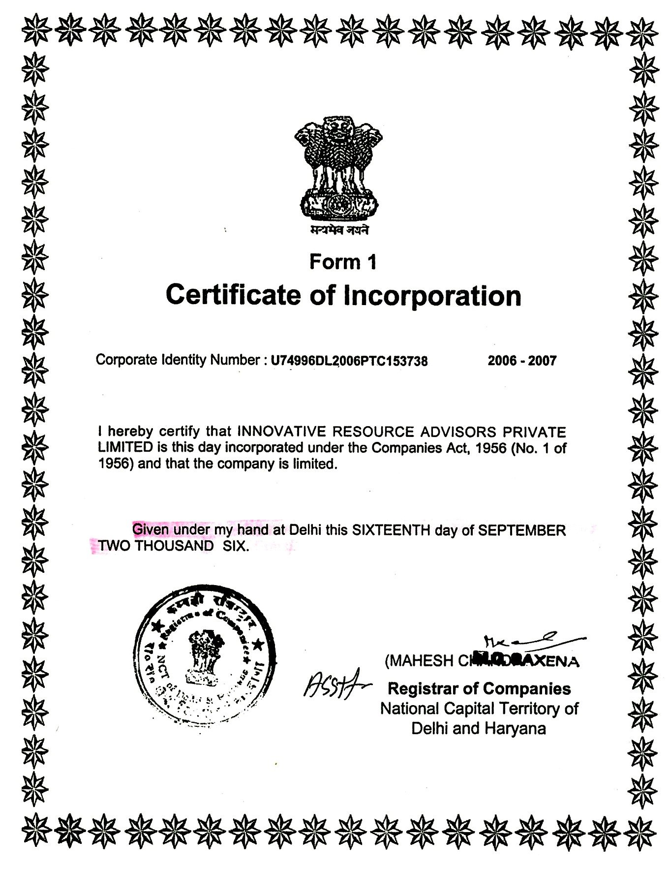 Certificate of Incorporation | IRAPL