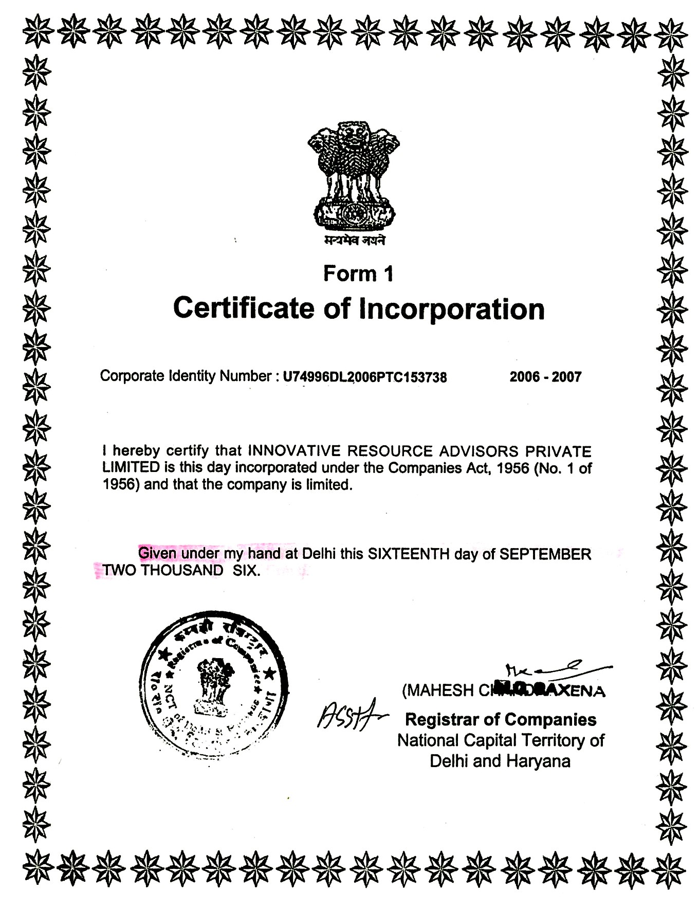 Certificate Of Incorporation